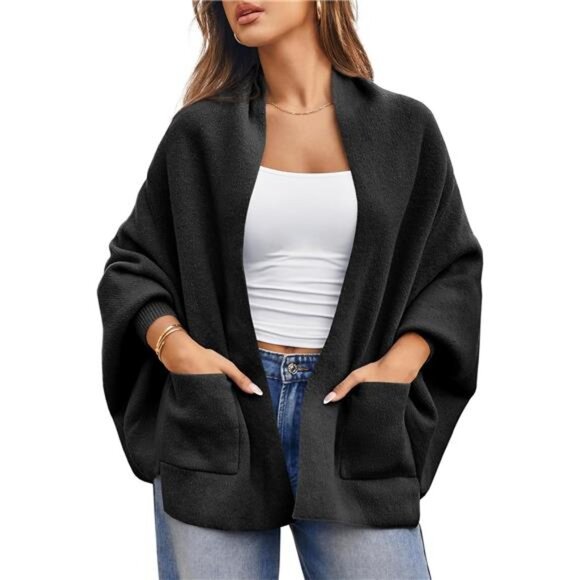 Womens Open Front Cardigan Batwing Long Sleeve Shawl Chunky Knit